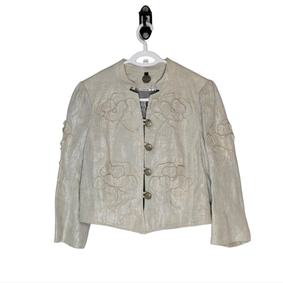 Linen Floral Bohemian Cropped Lined Blazer Quiet Luxury Neutral Size 10 - Picture 1 of 12